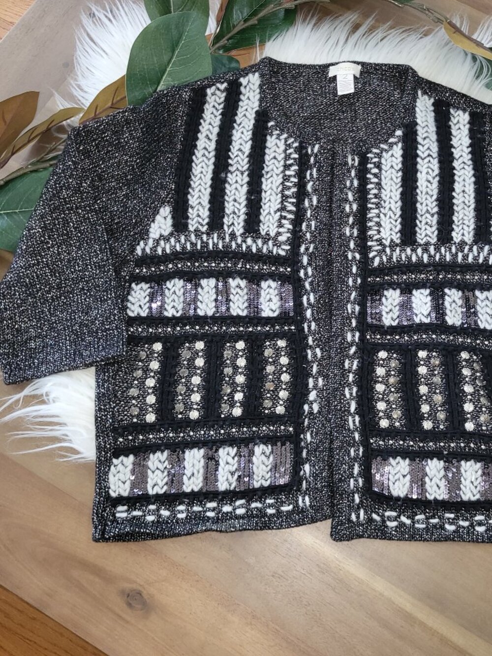 Chico's Wool blend Embellished Cardigan sequins Sweater Black grey Large size 2